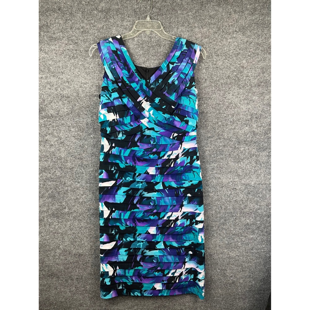 Adrianna Papell Sheath Dress Womens 14W Blue Floral Excellent Tiered Ruffle